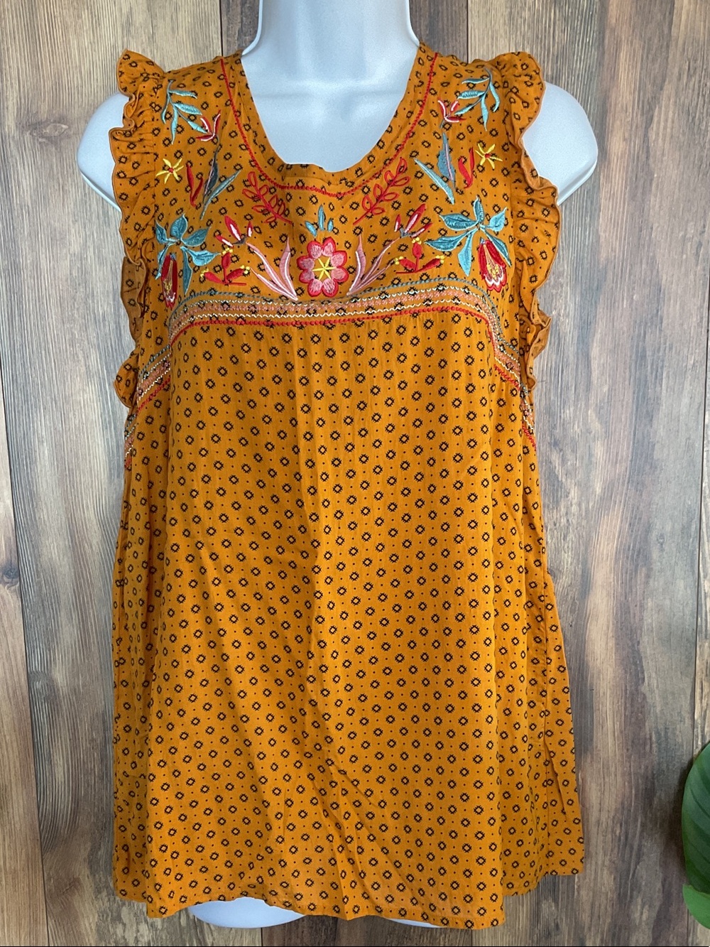 Grace & Lace Mustard Floral Embroidered Ruffle Sleeveless Top L     531B